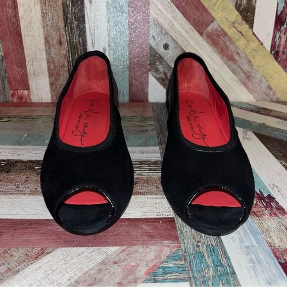 Pas De Rouge Peep Toe Suede Wedge Heel Shoes Black Made in Italy EUC SZE 8.5-9 - Picture 5 of 12